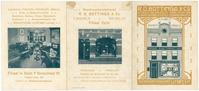 710519 Reclamefolder van R.O. Bottinga & Co., Piano- en Orgelhandel, Plompetorengracht 6 te Utrecht en 1e Dorpstraat 12 ...